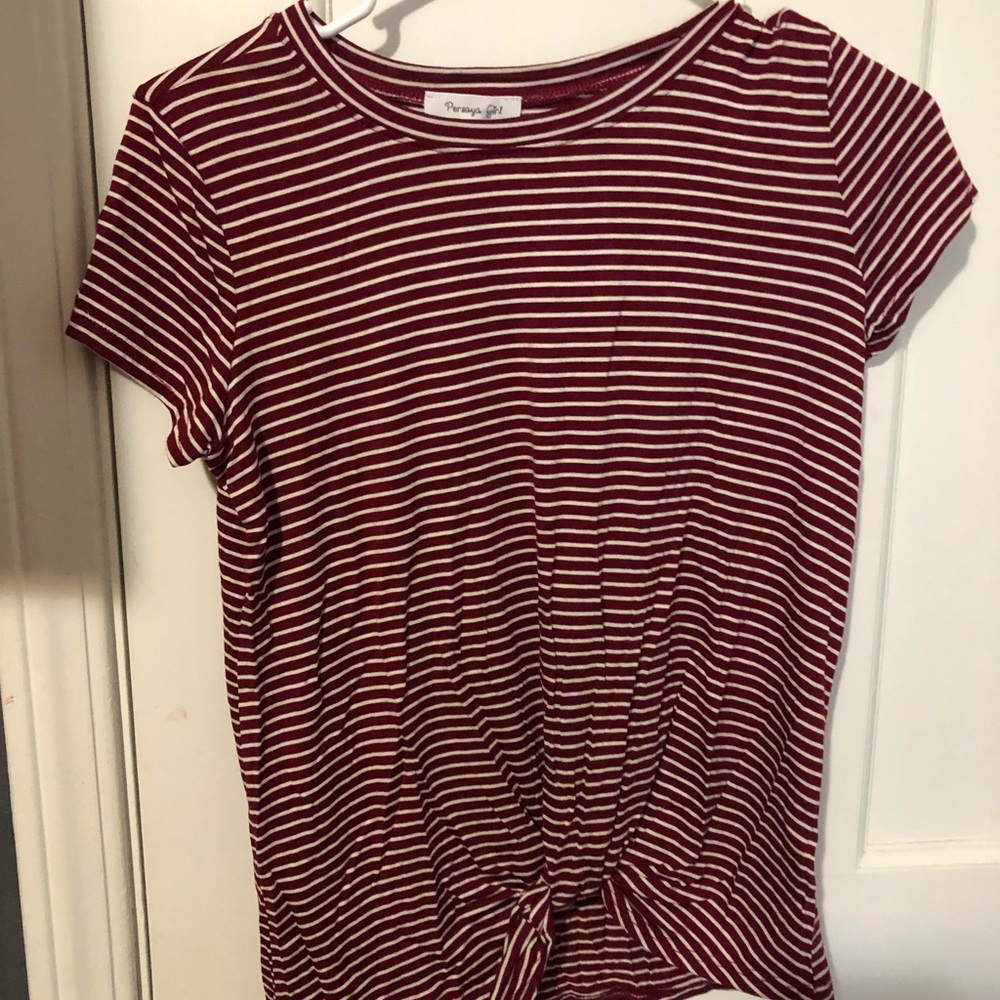 Burgundy and white striped shirt